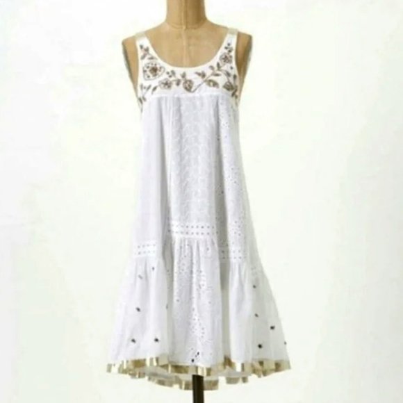 NWT Anthropologie Leifnotes Eyelet Embroidered Hand Beaded Assymetric Dress. 2 - Picture 2 of 11